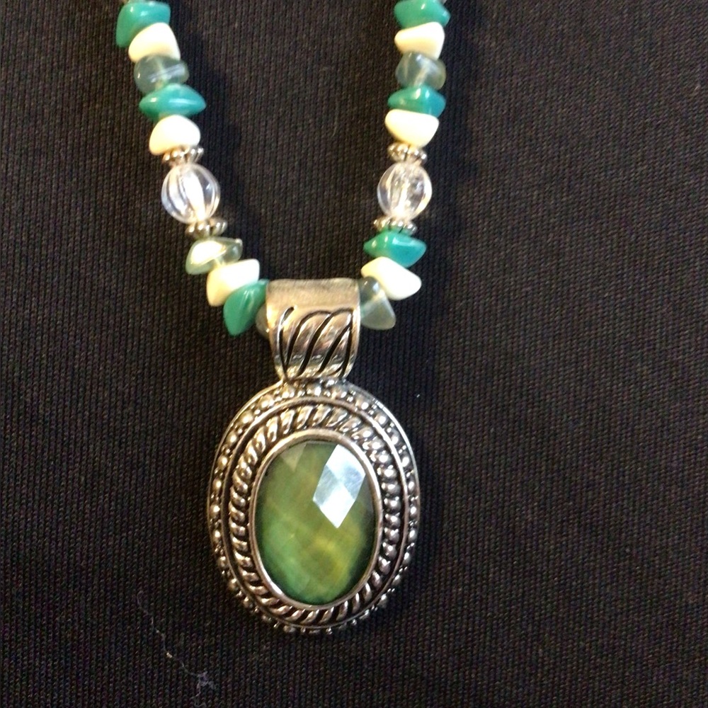 Vintage Antique Silver Tone, Turquoise, Green, white & clear stone Necklace